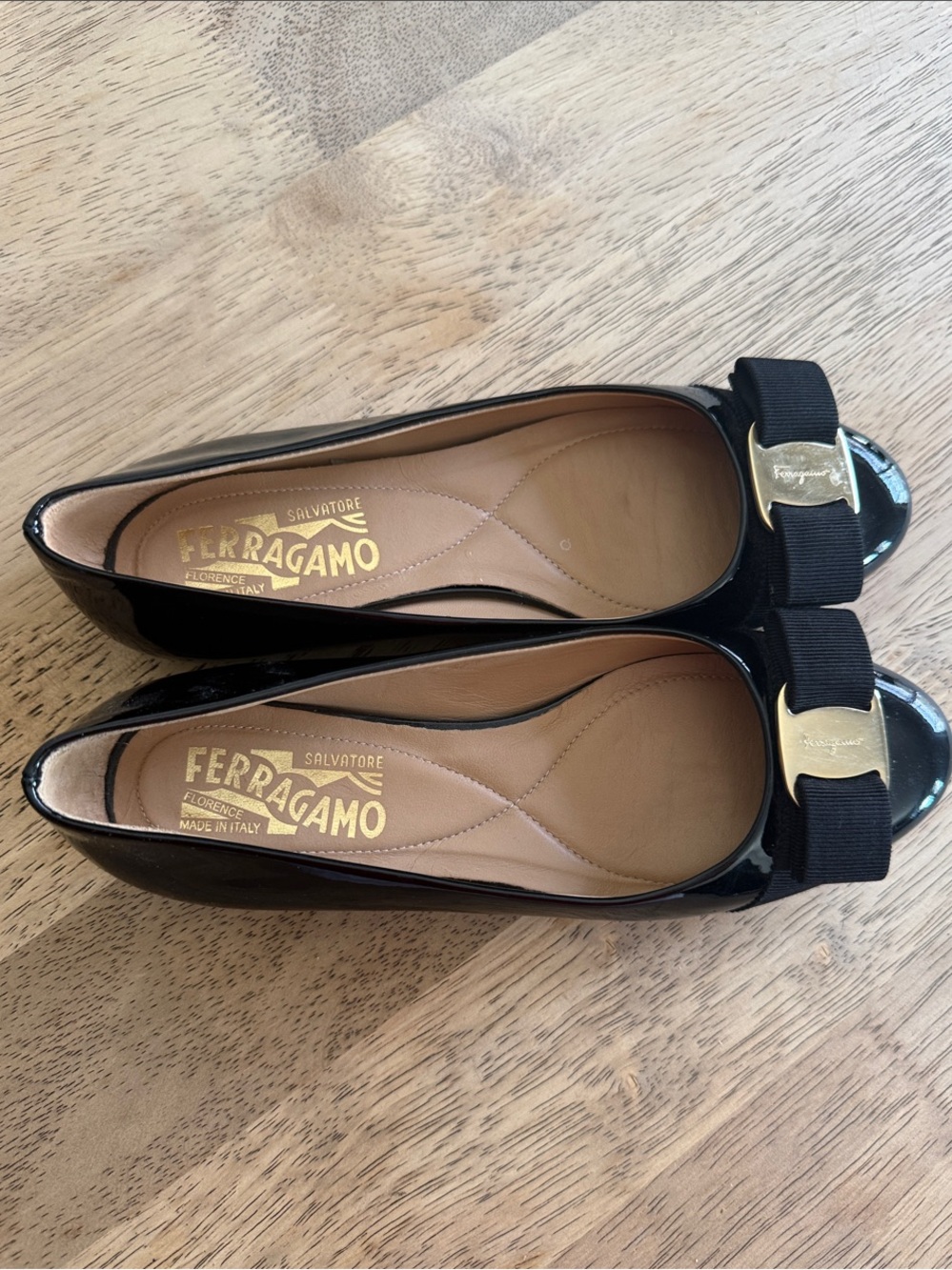 Salvatore Ferragamo Black Patent Vara Bow Flats